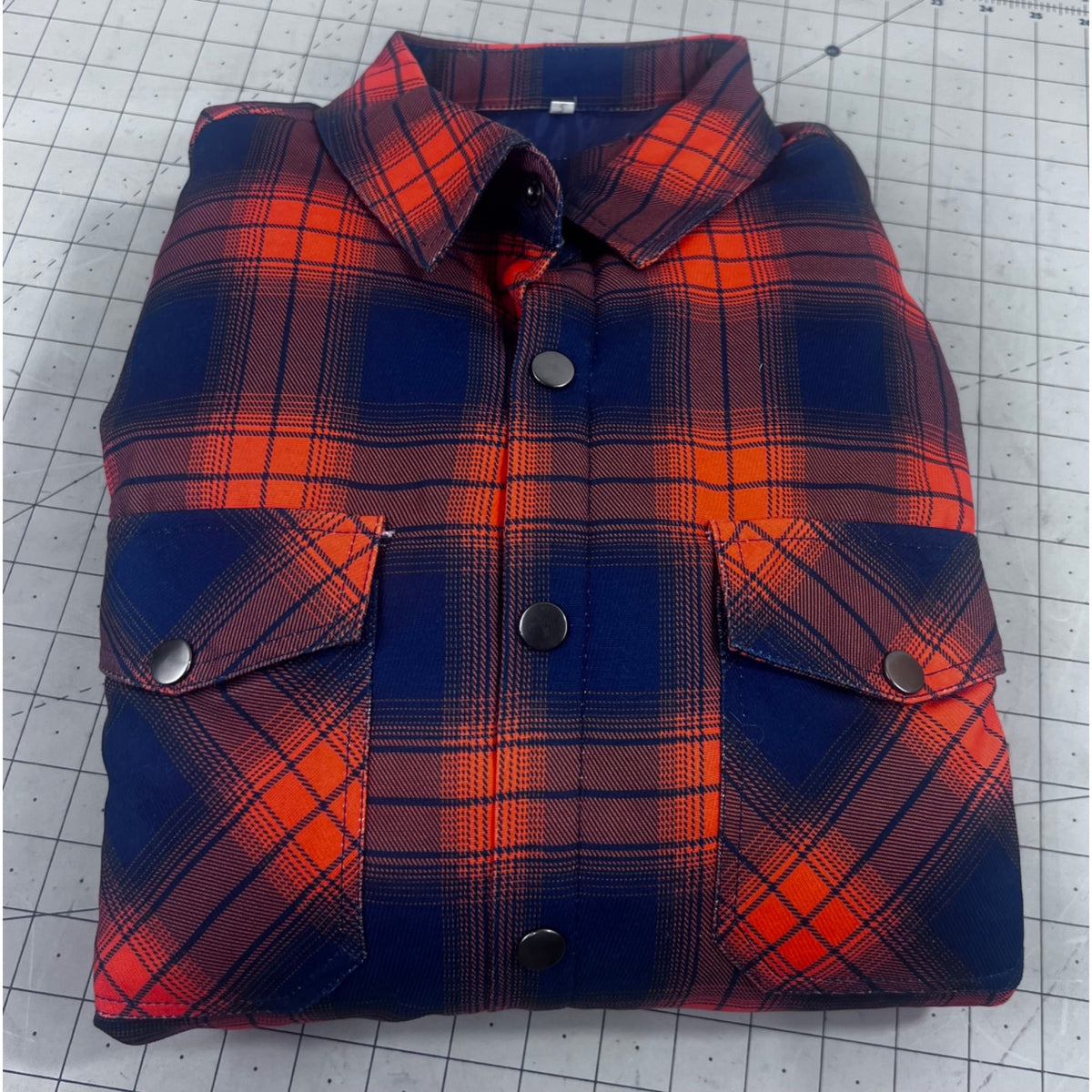 Men's Quilted Flannel Shirt Jacket Plaid Blue & Orange Sz. L Pearl Snap Shacket