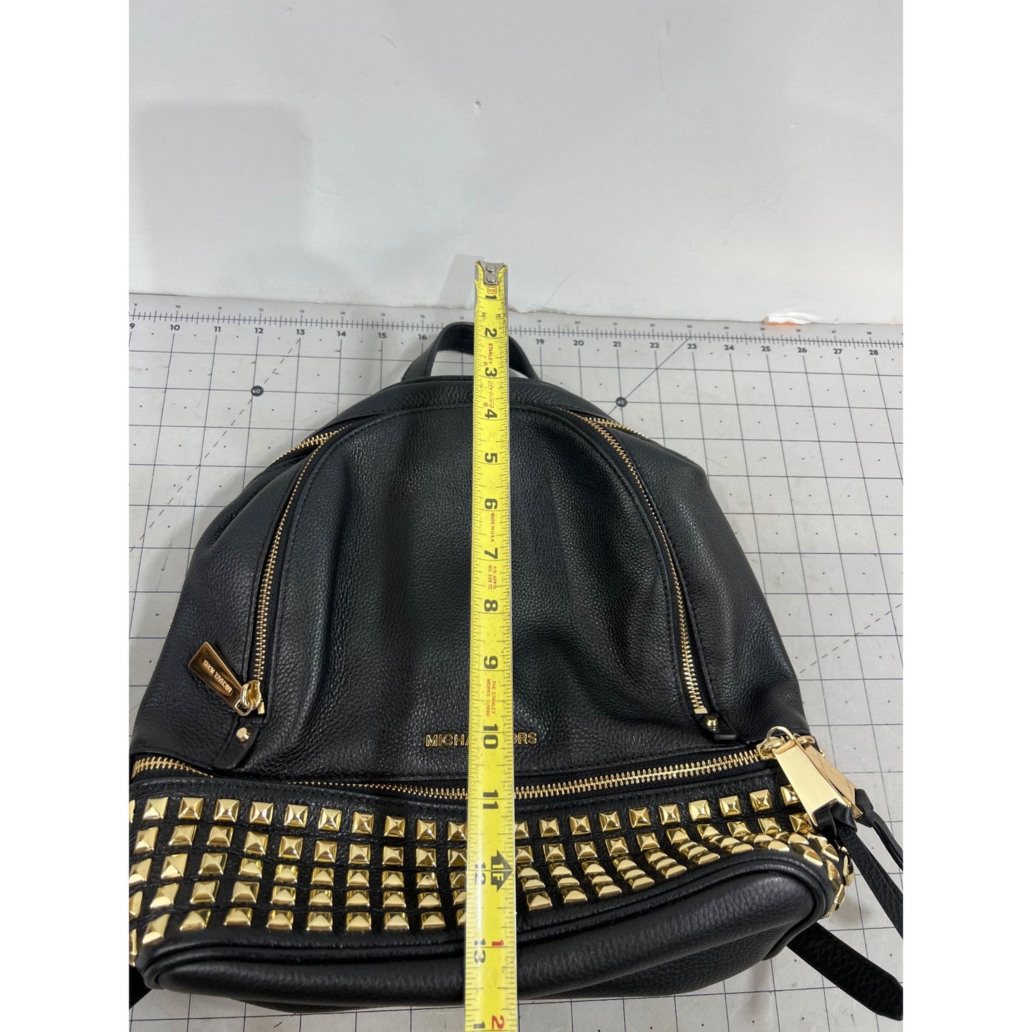 Michael Kors Black Leather Studded Rhea Zip Backpack Gold Hardware