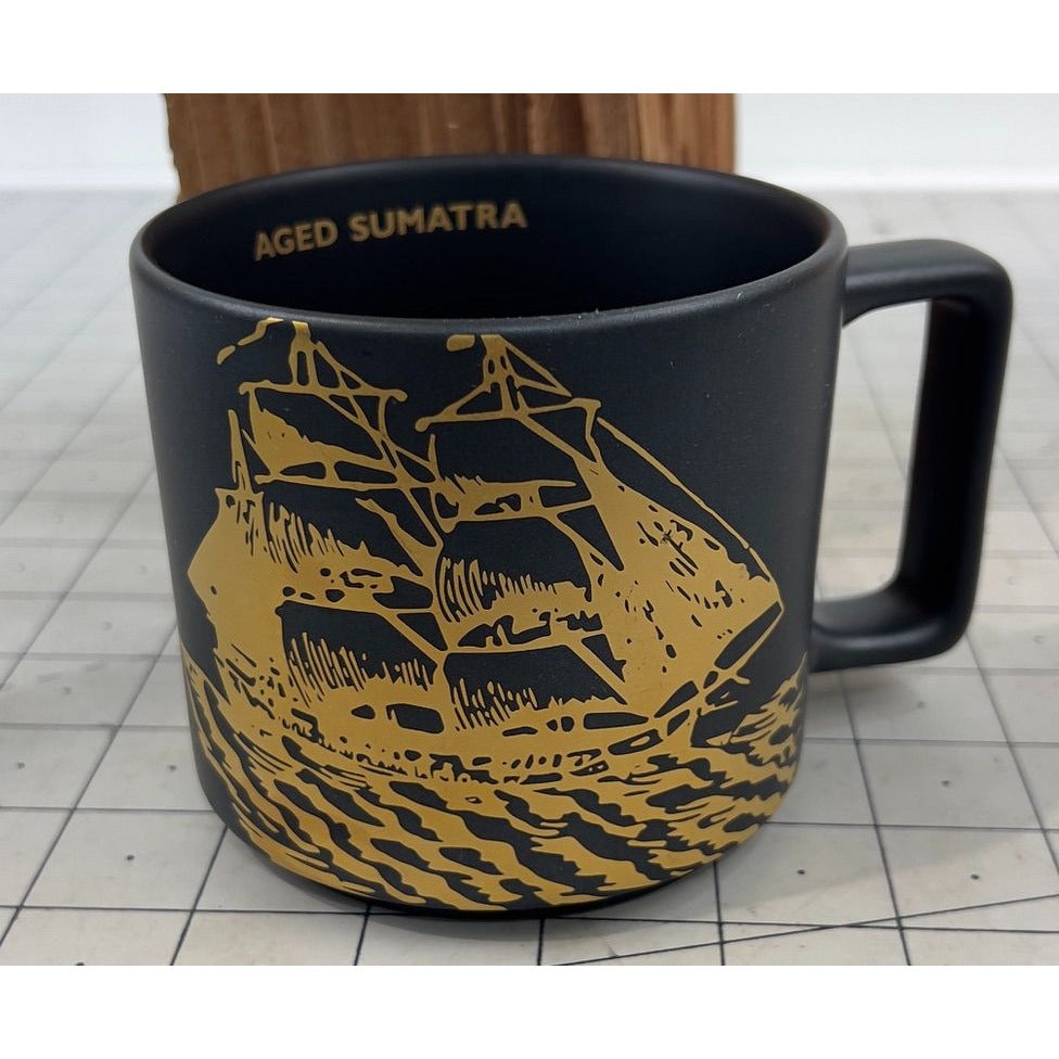 Vintage Starbucks Coffee Mug 14 Oz Aged Sumatra Black & Gold w/Sailing Ship