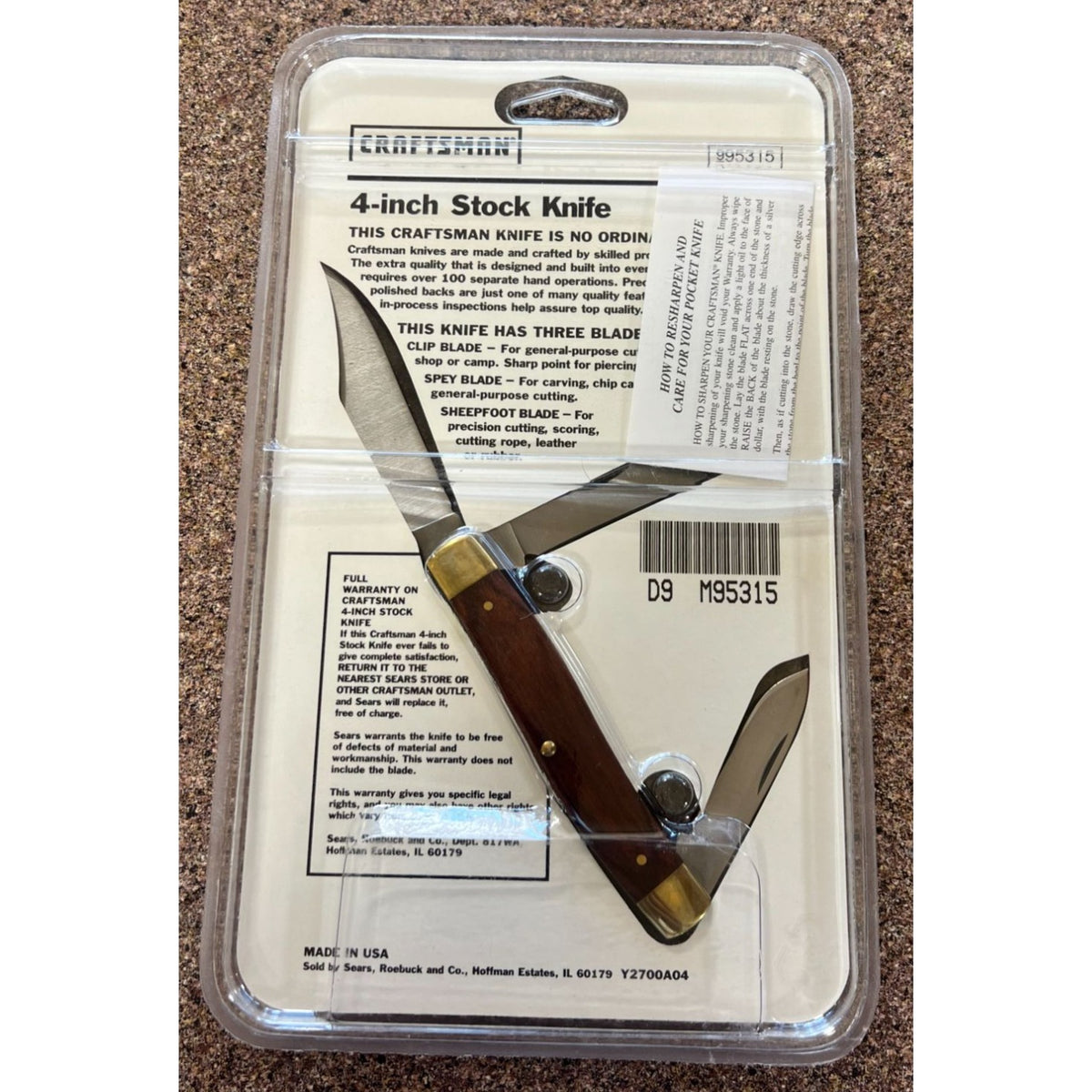 Craftsman 4-Inch Folding Stock Knife 3 Blades New 95235 USA NOS