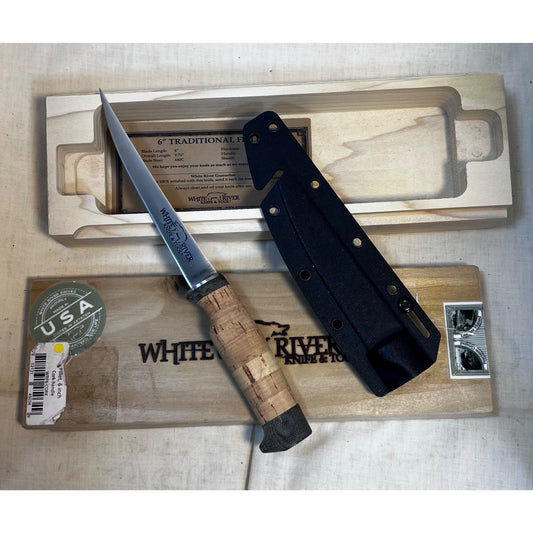 White River Knives Fillet Knife 6"  Trailing Point 440C Stainless Blade Cork Handle