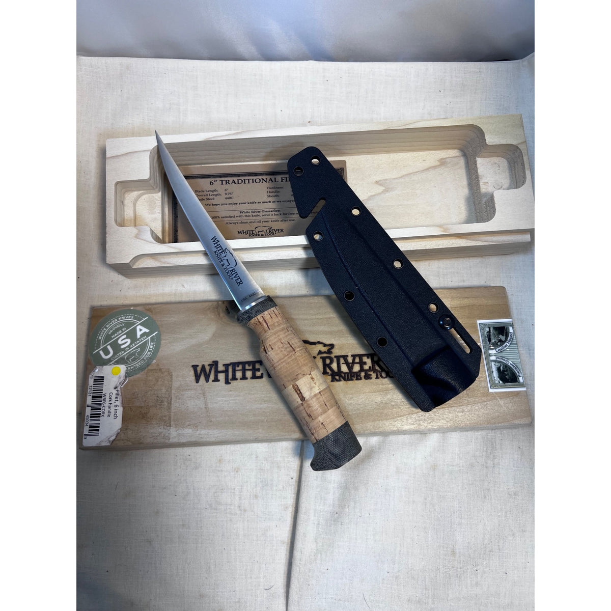 White River Knives Fillet Knife 6"  Trailing Point 440C Stainless Blade Cork Handle