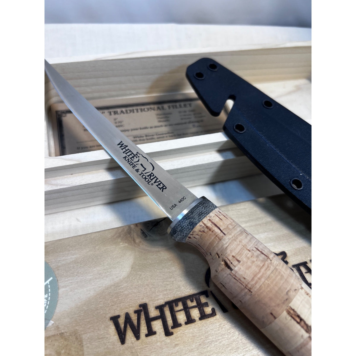 White River Knives Fillet Knife 6"  Trailing Point 440C Stainless Blade Cork Handle