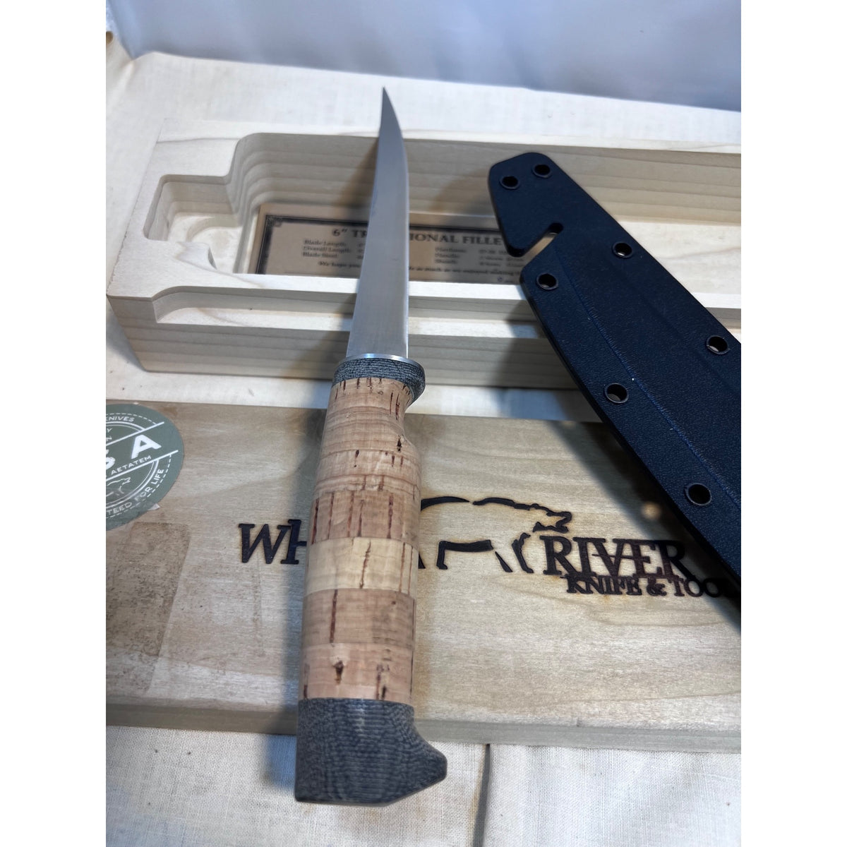 White River Knives Fillet Knife 6"  Trailing Point 440C Stainless Blade Cork Handle