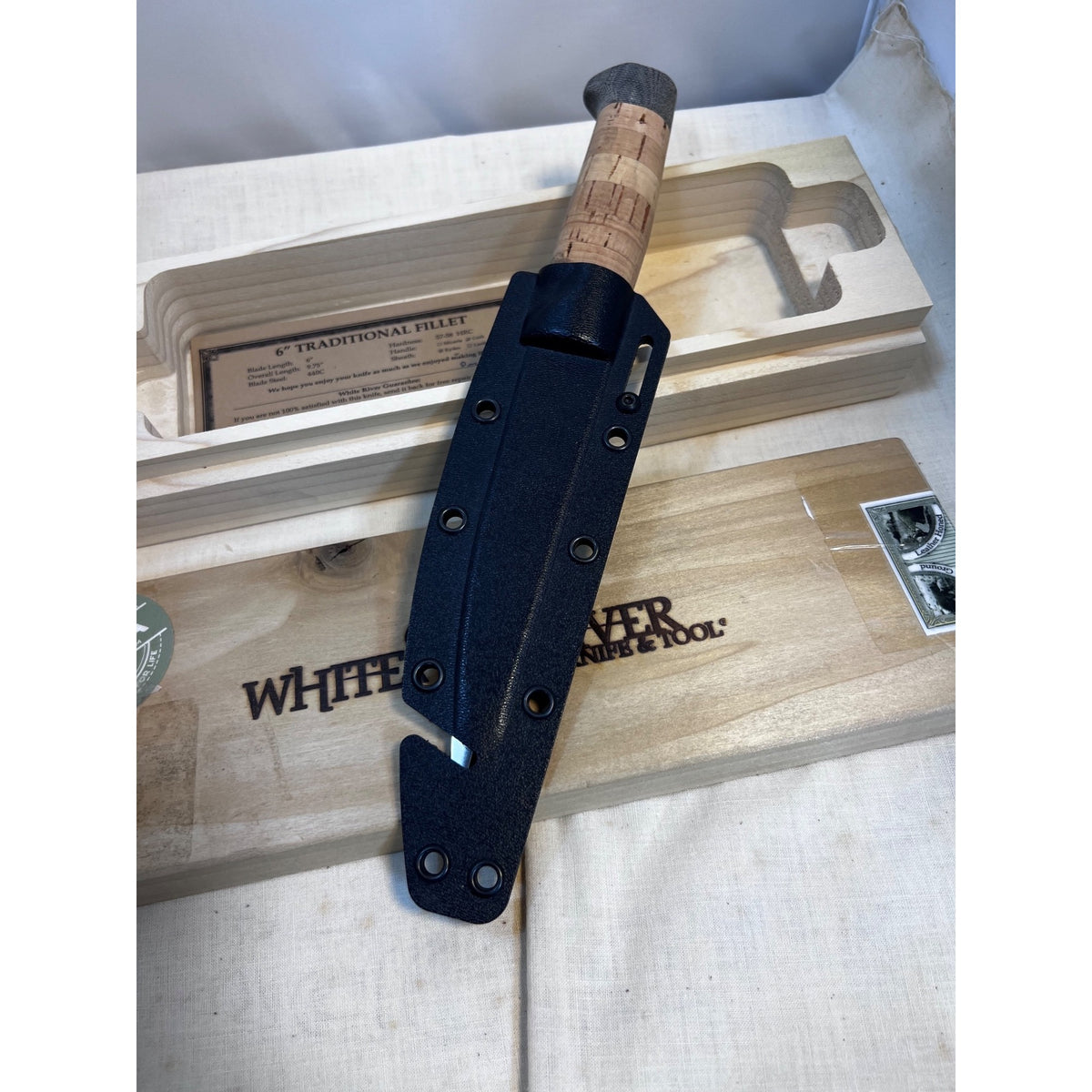 White River Knives Fillet Knife 6"  Trailing Point 440C Stainless Blade Cork Handle