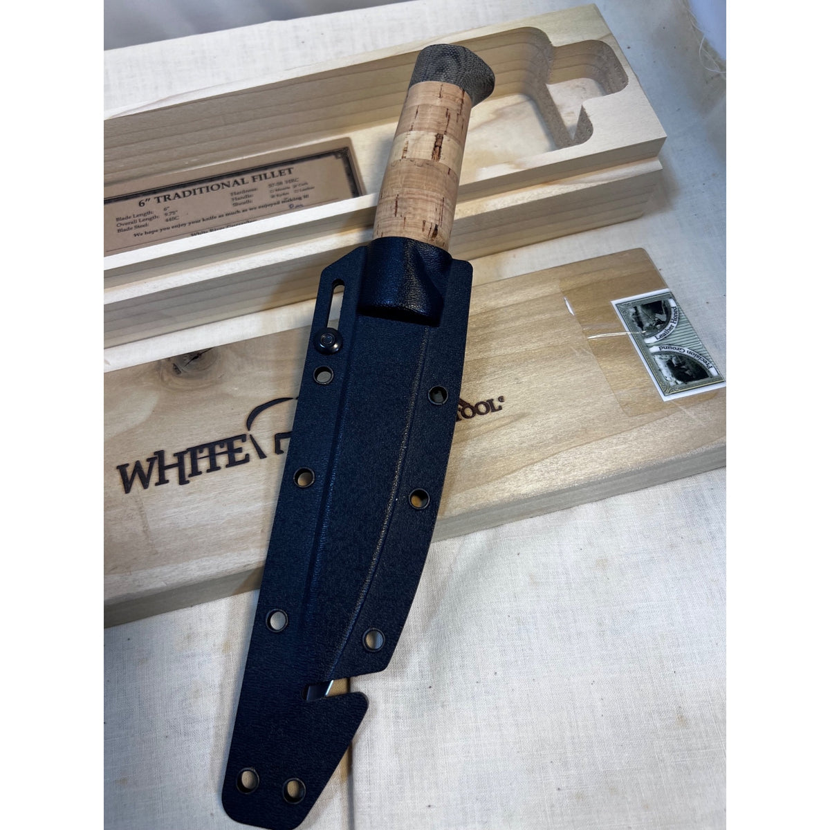 White River Knives Fillet Knife 6"  Trailing Point 440C Stainless Blade Cork Handle