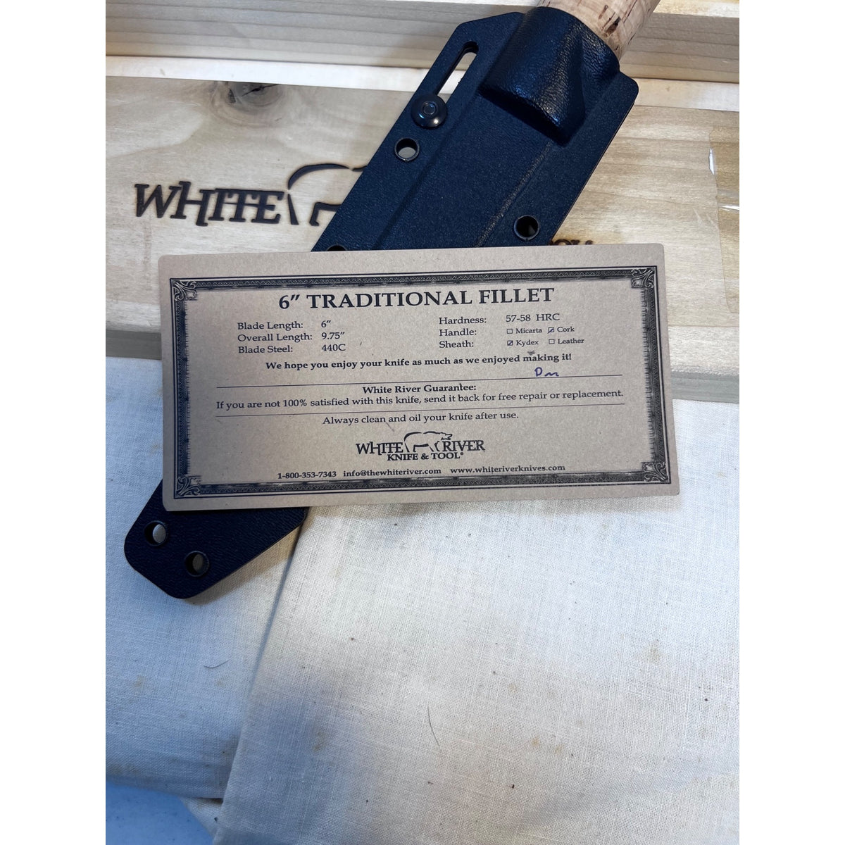 White River Knives Fillet Knife 6"  Trailing Point 440C Stainless Blade Cork Handle