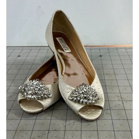 Badgley Mischka Ivory Satin Embellished Flats Peep Toe Sz. 6.5 Leather Sole ~