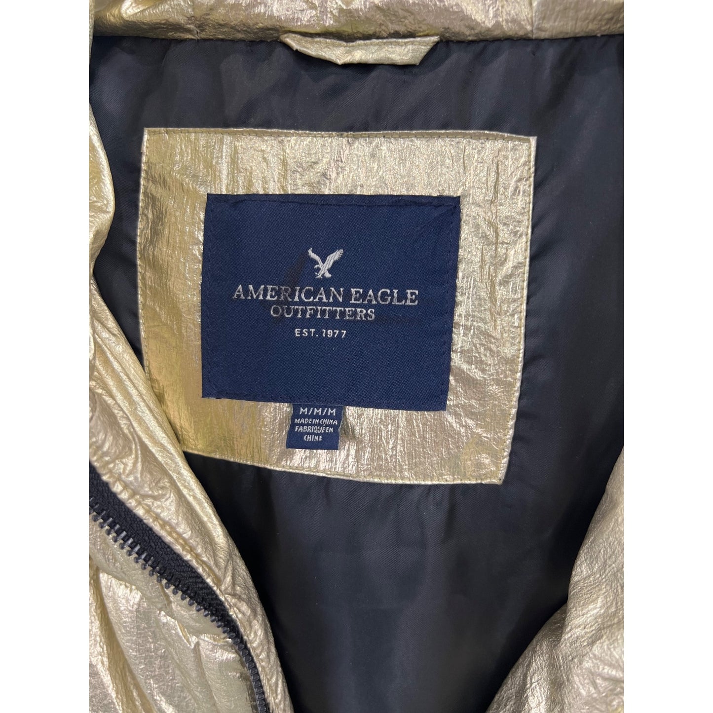 American Eagle Gold Metallic Puffer Jacket w/Hood Front Zip  Women’s Sz. M