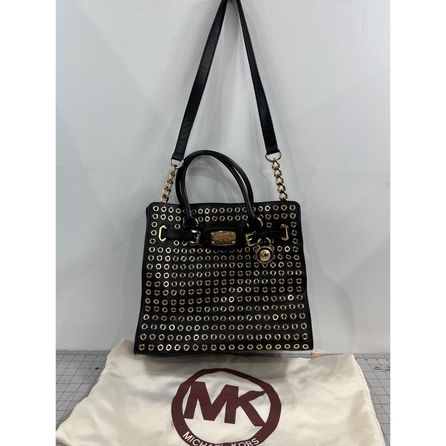 Michael Kors Black Gold Grommet Leather Hamilton Tote Handbag Shoulder Strap