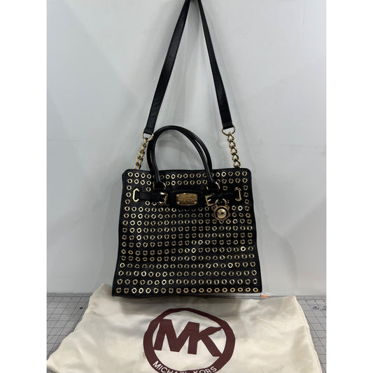 Michael Kors Black Gold Grommet Leather Hamilton Tote Handbag Shoulder Strap
