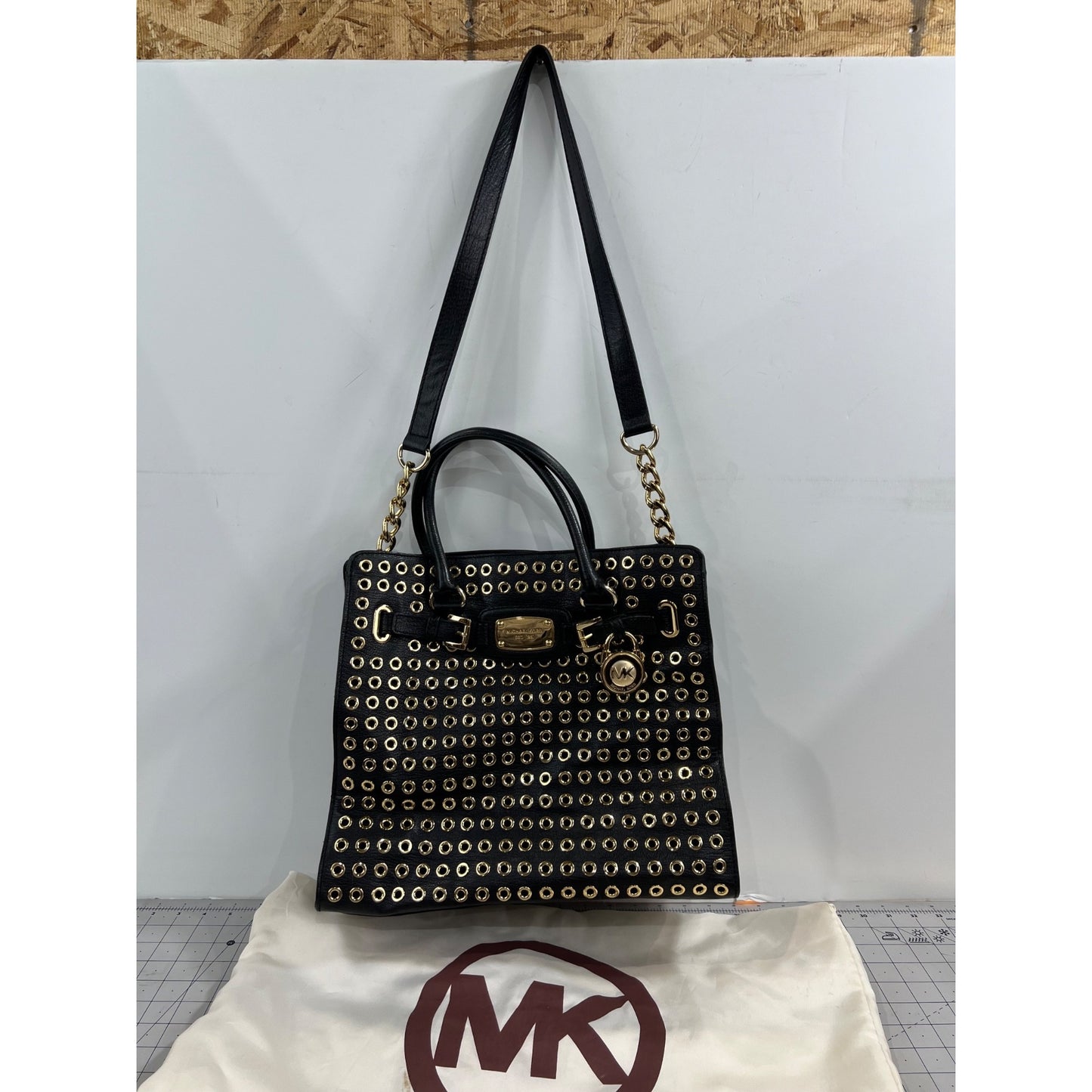 Michael Kors Black Gold Grommet Leather Hamilton Tote Handbag Shoulder Strap