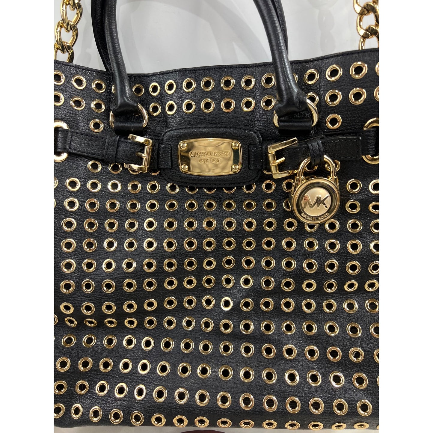 Michael Kors Black Gold Grommet Leather Hamilton Tote Handbag Shoulder Strap