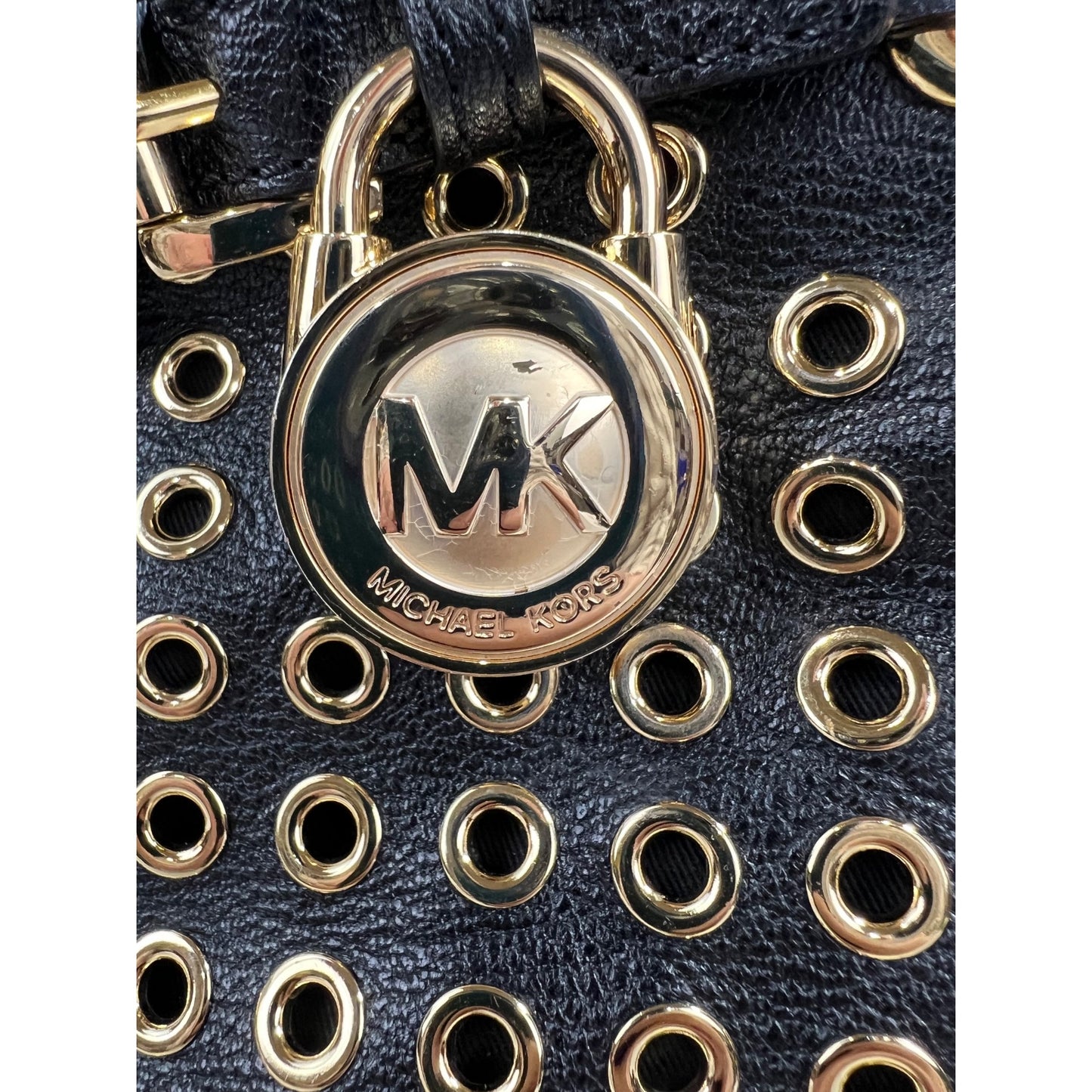 Michael Kors Black Gold Grommet Leather Hamilton Tote Handbag Shoulder Strap
