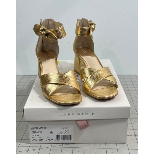 Alex Marie Adeline Gold Block Heel Women's Sandals Bow Accent Size 7.5 New