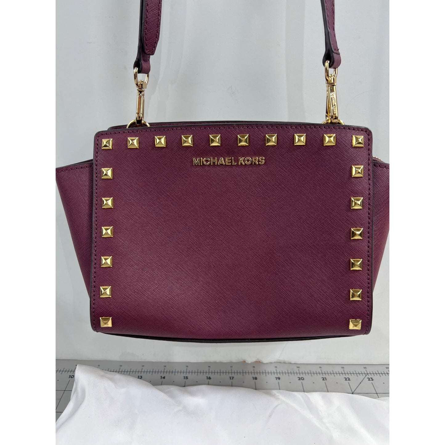 Michael Kors Selma Studded Saffiano Leather Messenger Crossbody Bag Merlot Plum