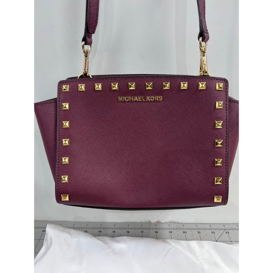 Michael Kors Selma Studded Saffiano Leather Messenger Crossbody Bag Merlot Plum