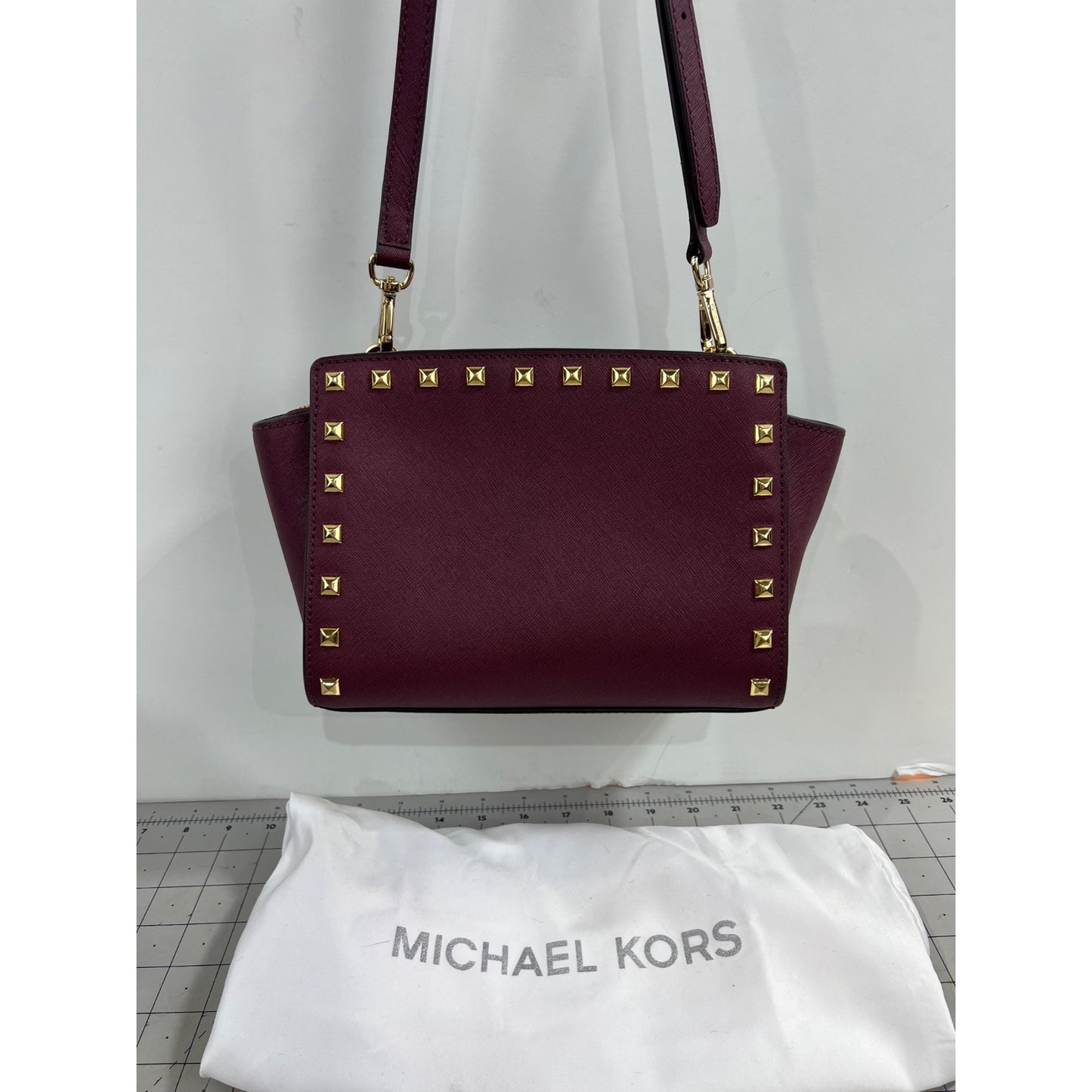 Michael Kors Selma Studded Saffiano Leather Messenger Crossbody Bag Merlot Plum