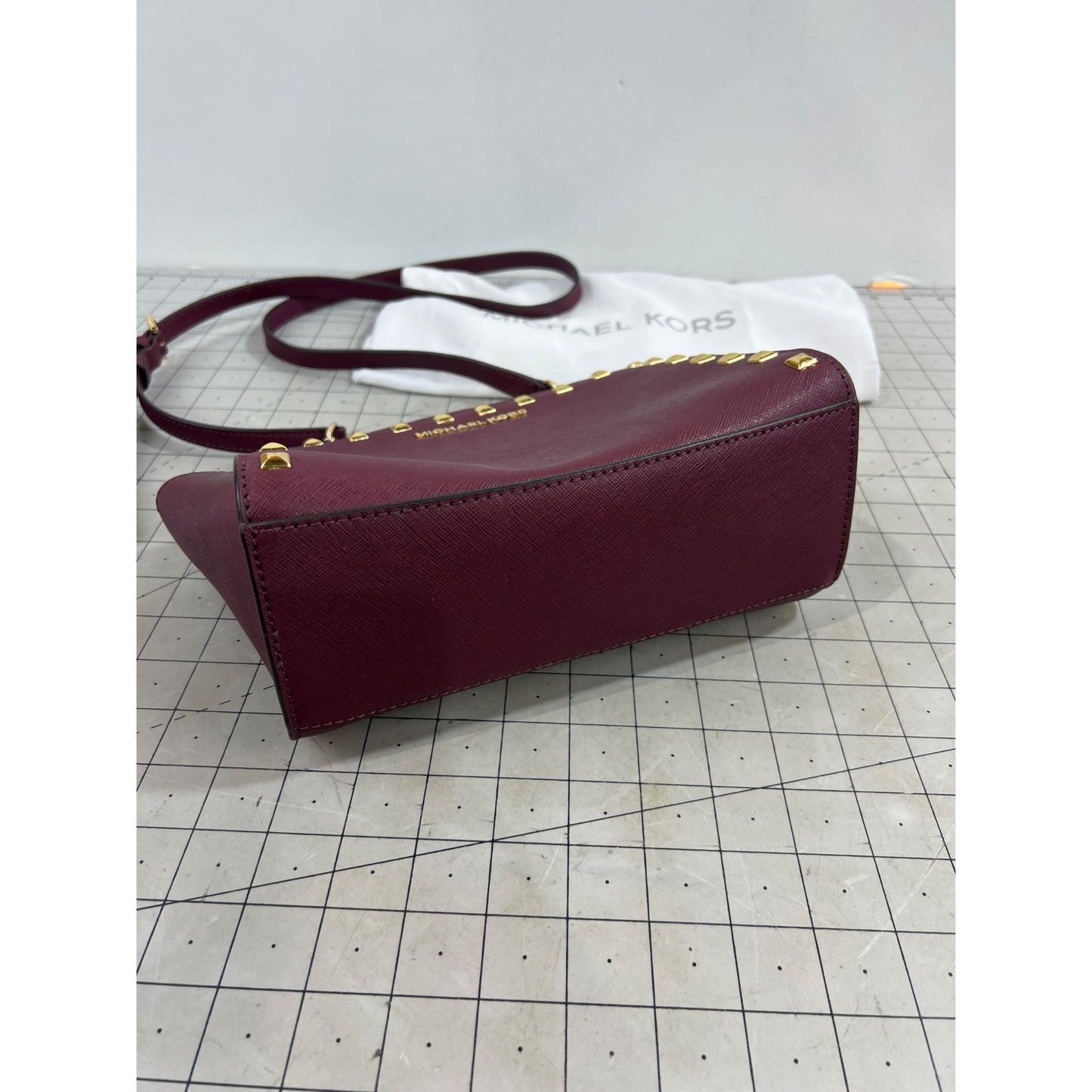 Michael Kors Selma Studded Saffiano Leather Messenger Crossbody Bag Merlot Plum