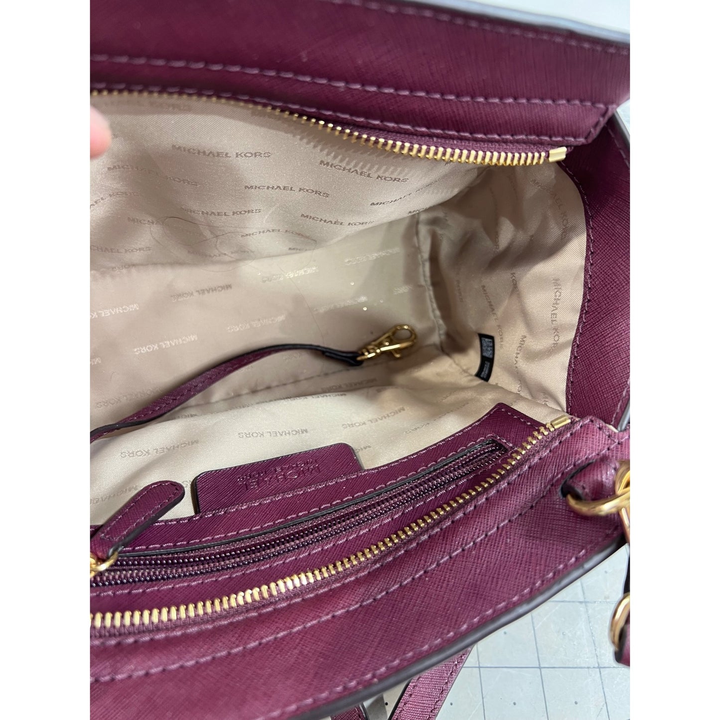 Michael Kors Selma Studded Saffiano Leather Messenger Crossbody Bag Merlot Plum