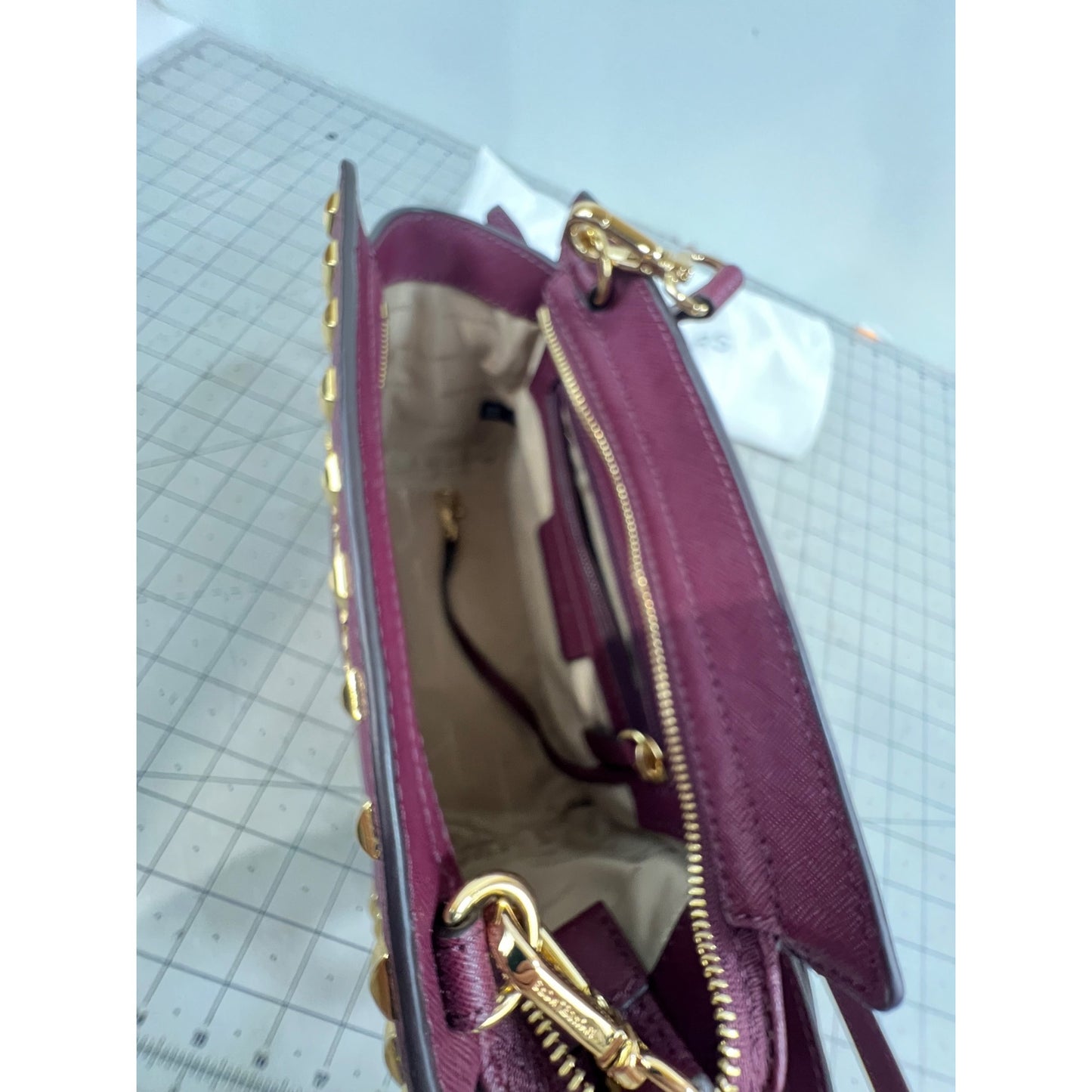 Michael Kors Selma Studded Saffiano Leather Messenger Crossbody Bag Merlot Plum