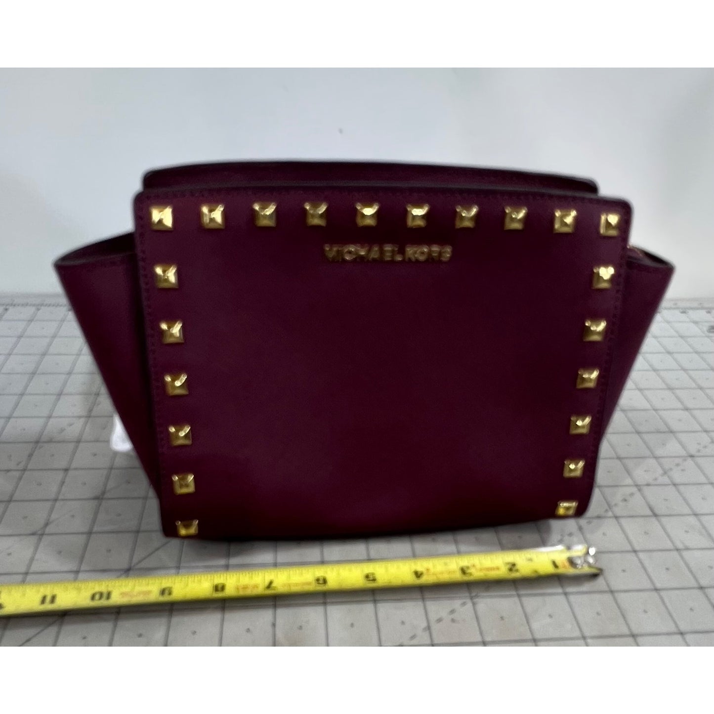 Michael Kors Selma Studded Saffiano Leather Messenger Crossbody Bag Merlot Plum