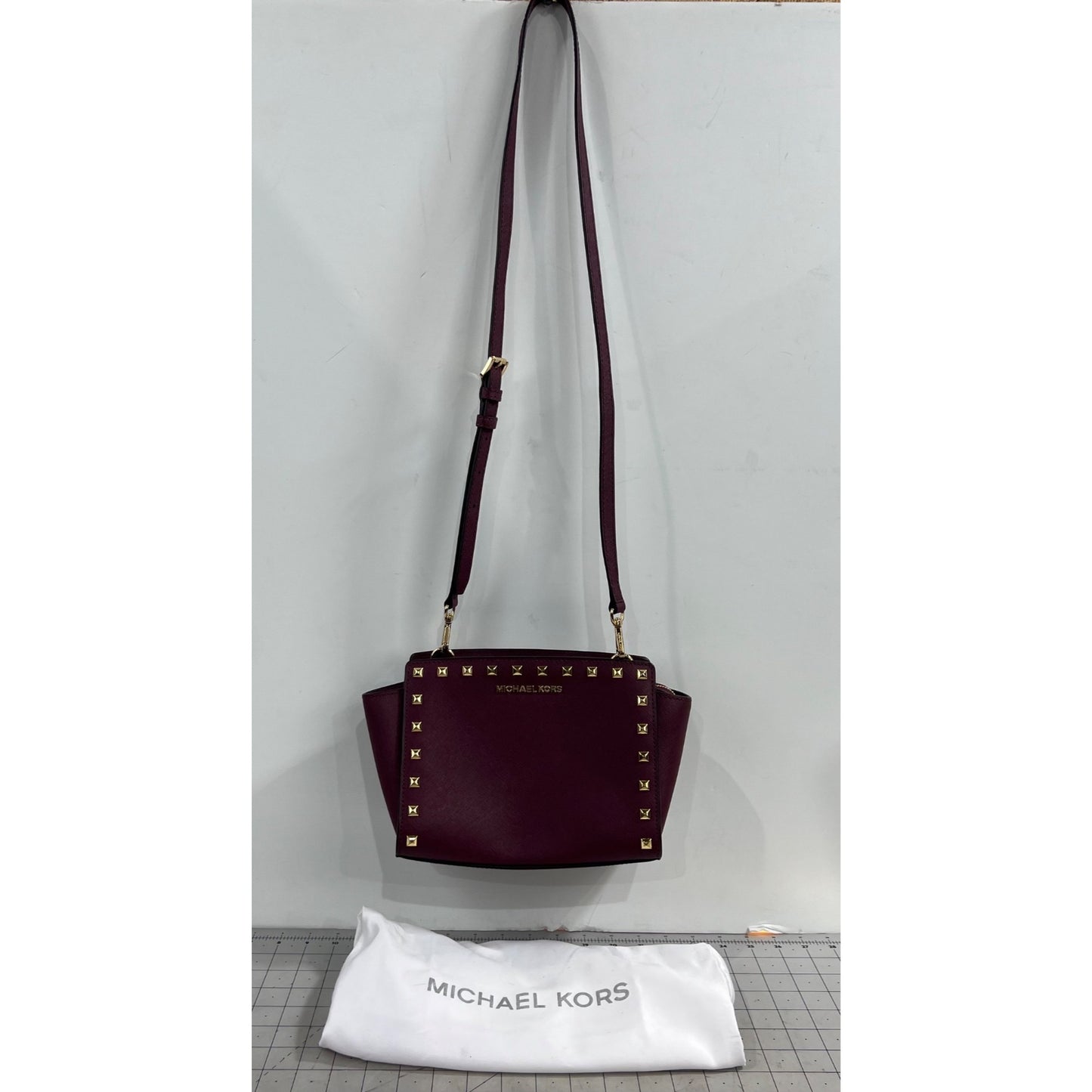 Michael Kors Selma Studded Saffiano Leather Messenger Crossbody Bag Merlot Plum