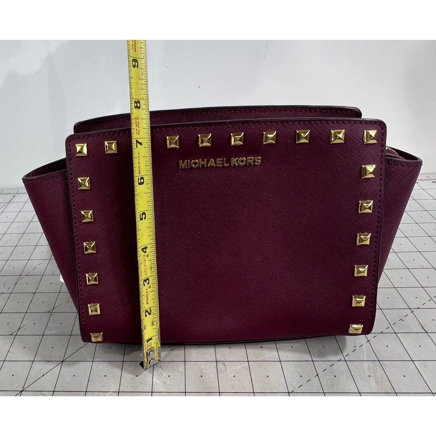 Michael Kors Selma Studded Saffiano Leather Messenger Crossbody Bag Merlot Plum