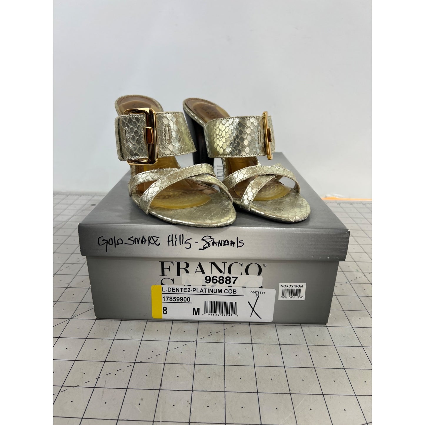 Franco Sarto Gold Snake Print Heeled Sandals Women's Sz. 8 L-Dente2 Platinum COB