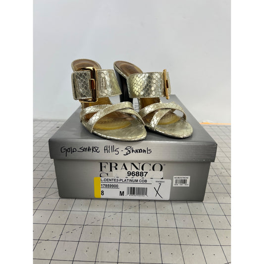 Franco Sarto Gold Snake Print Heeled Sandals Women's Sz. 8 L-Dente2 Platinum COB