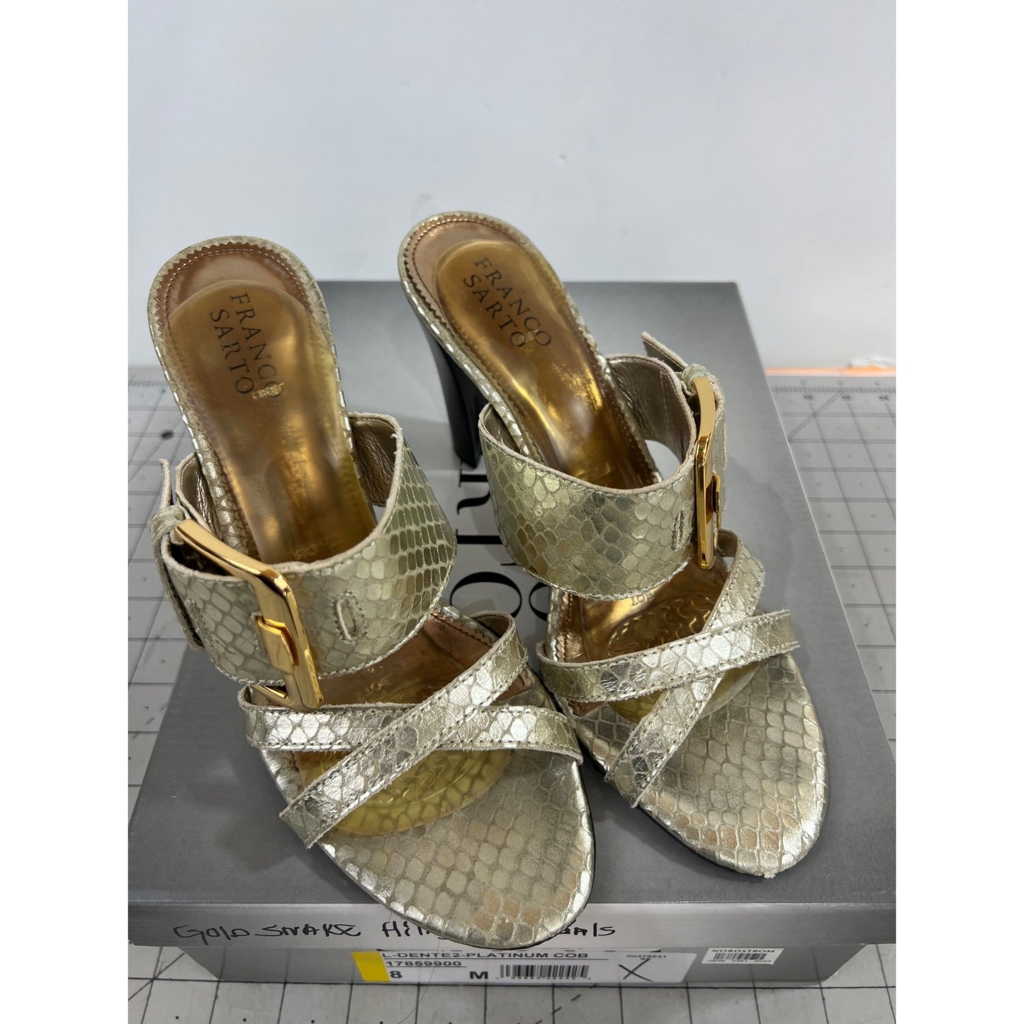 Franco Sarto Gold Snake Print Heeled Sandals Women's Sz. 8 L-Dente2 Platinum COB