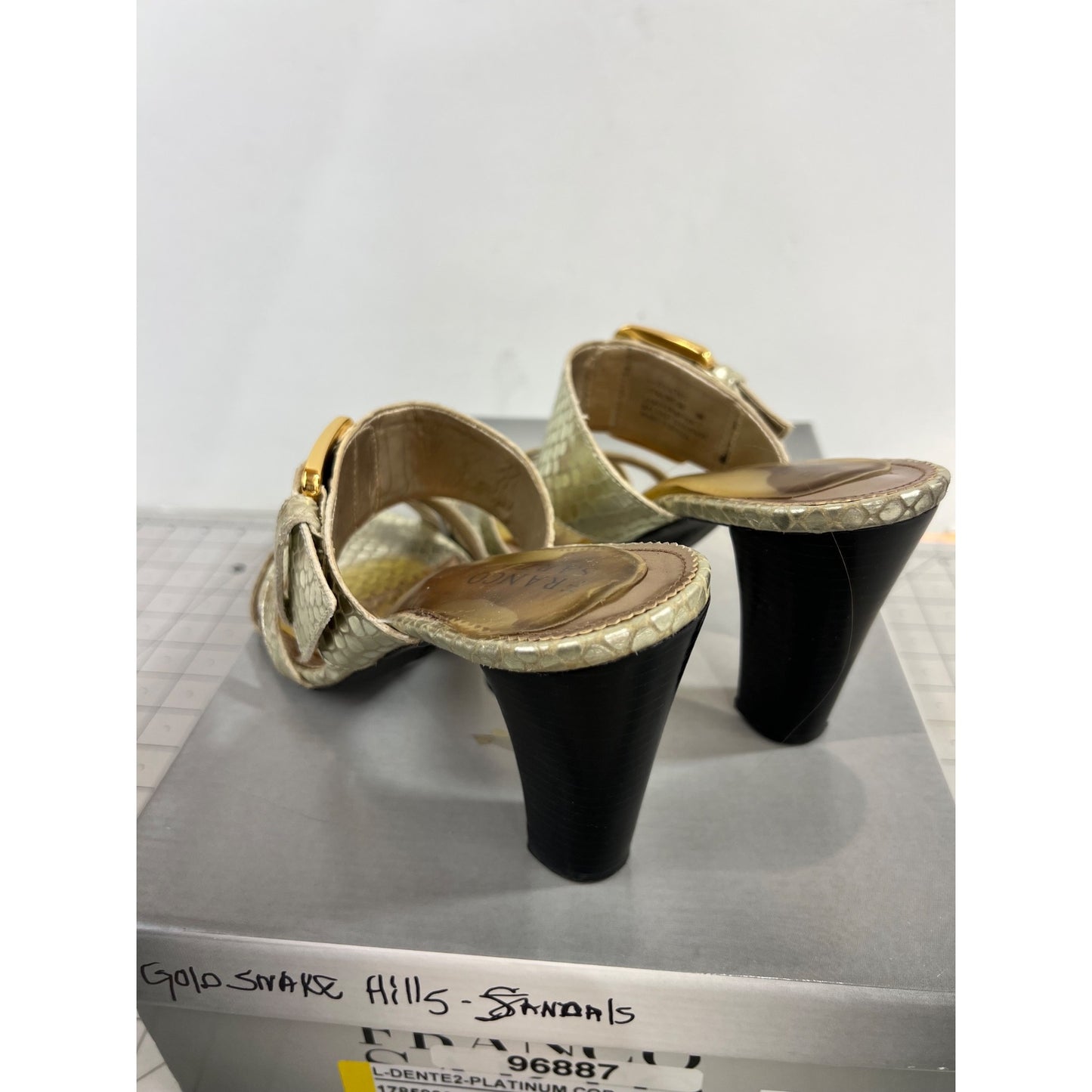 Franco Sarto Gold Snake Print Heeled Sandals Women's Sz. 8 L-Dente2 Platinum COB