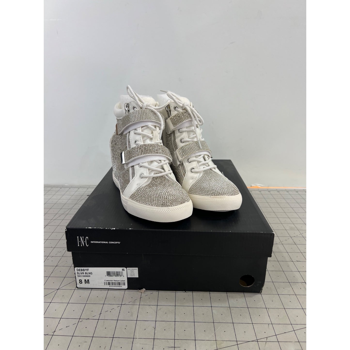 INC Women's Silver Bling High-Top Sneakers Rhinestones Side Zip Sz. 8 M