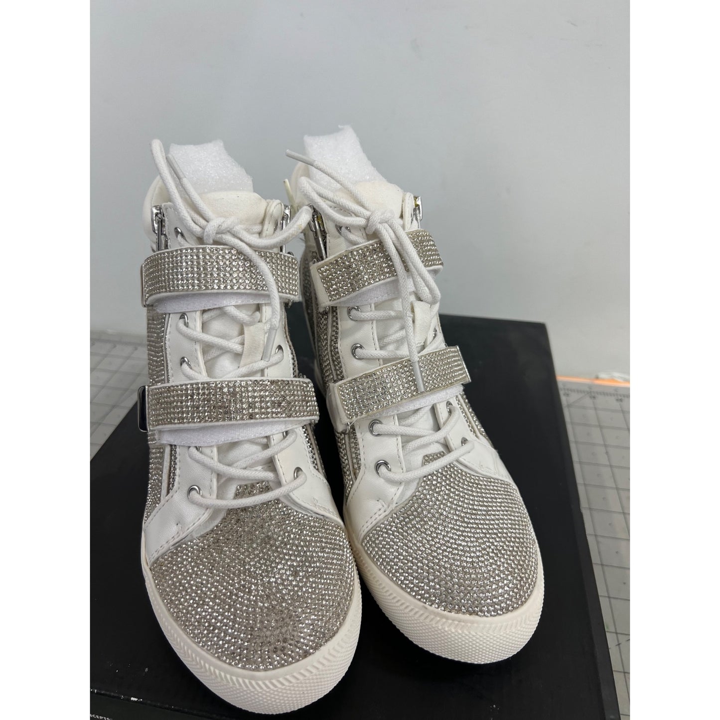 INC Women's Silver Bling High-Top Sneakers Rhinestones Side Zip Sz. 8 M