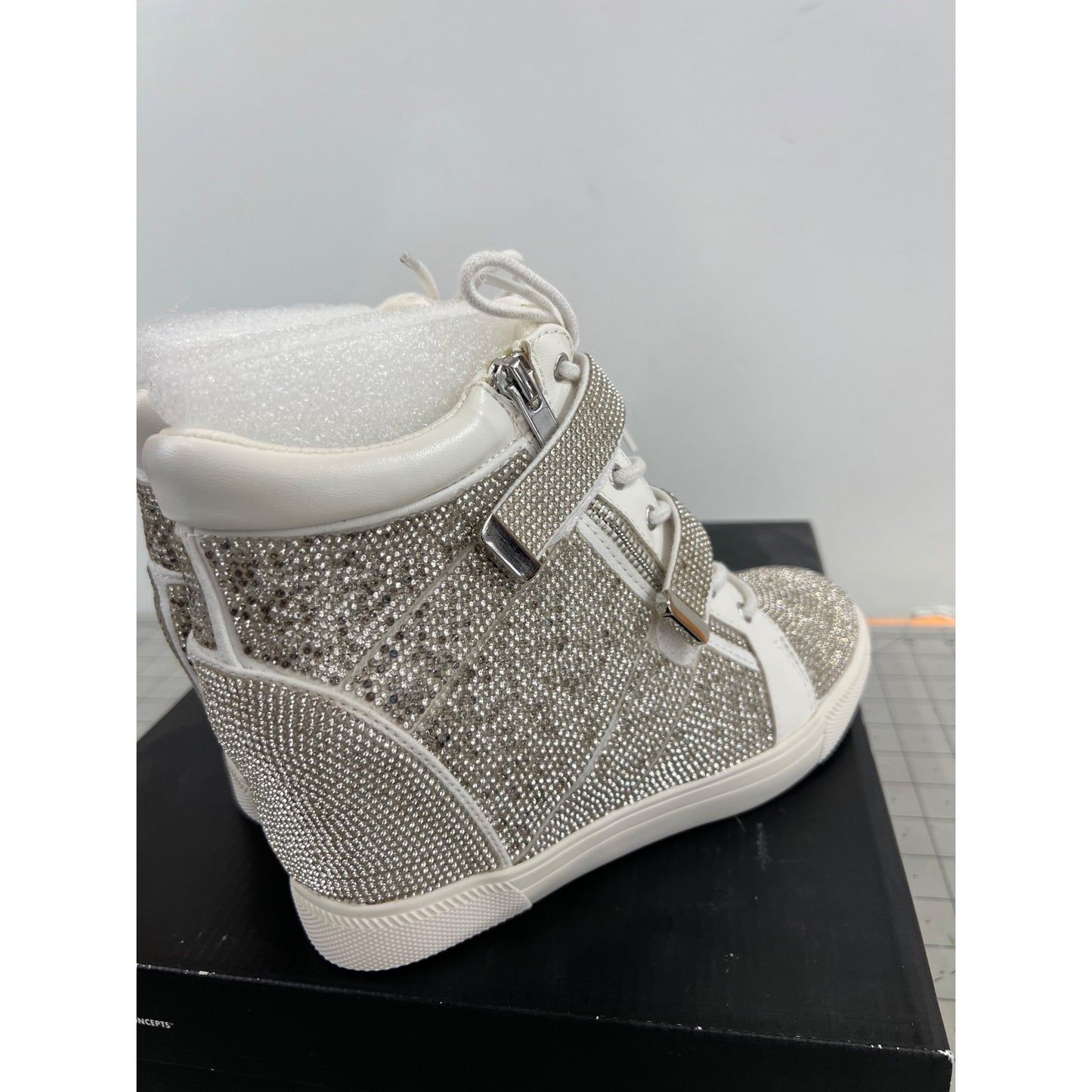 INC Women's Silver Bling High-Top Sneakers Rhinestones Side Zip Sz. 8 M