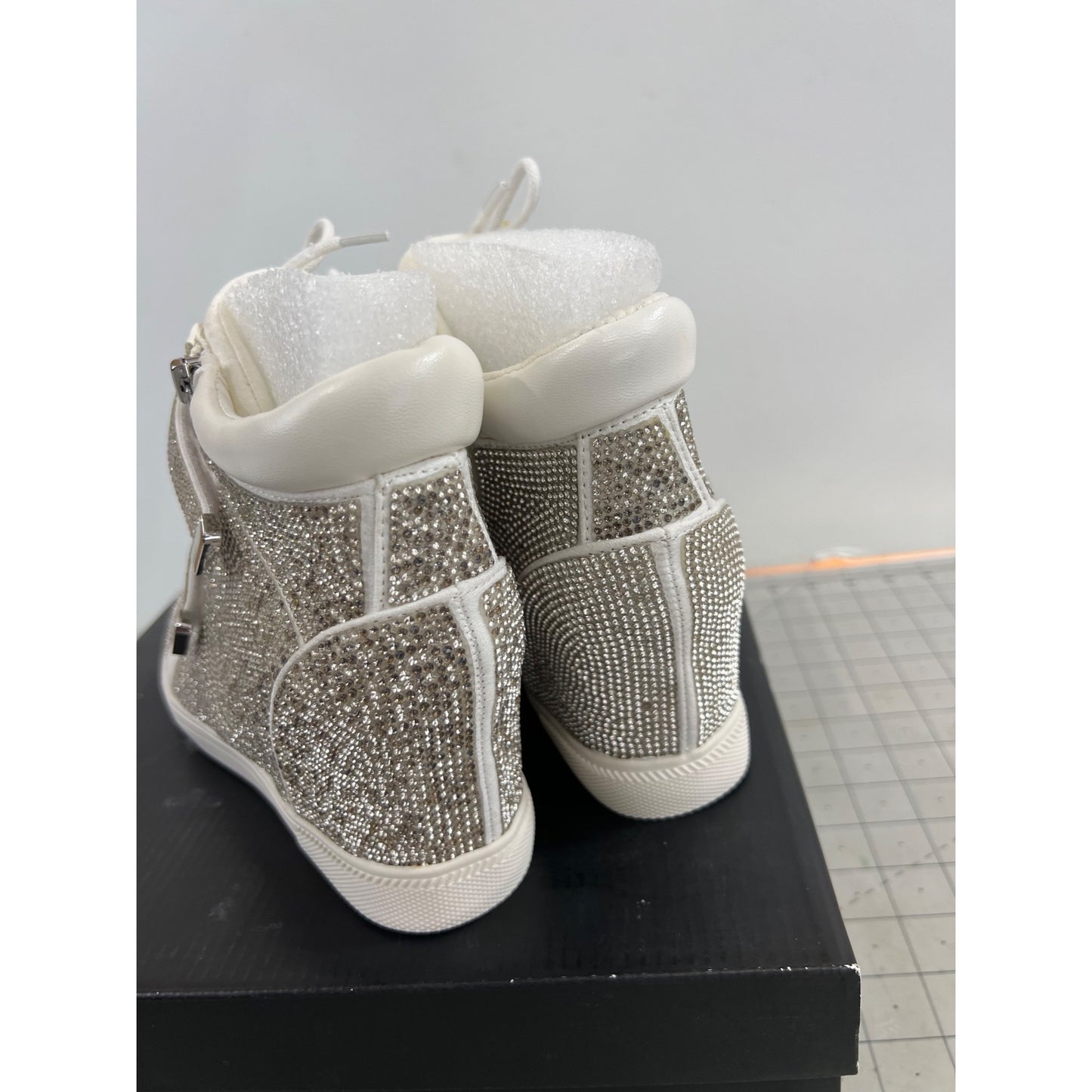 INC Women's Silver Bling High-Top Sneakers Rhinestones Side Zip Sz. 8 M