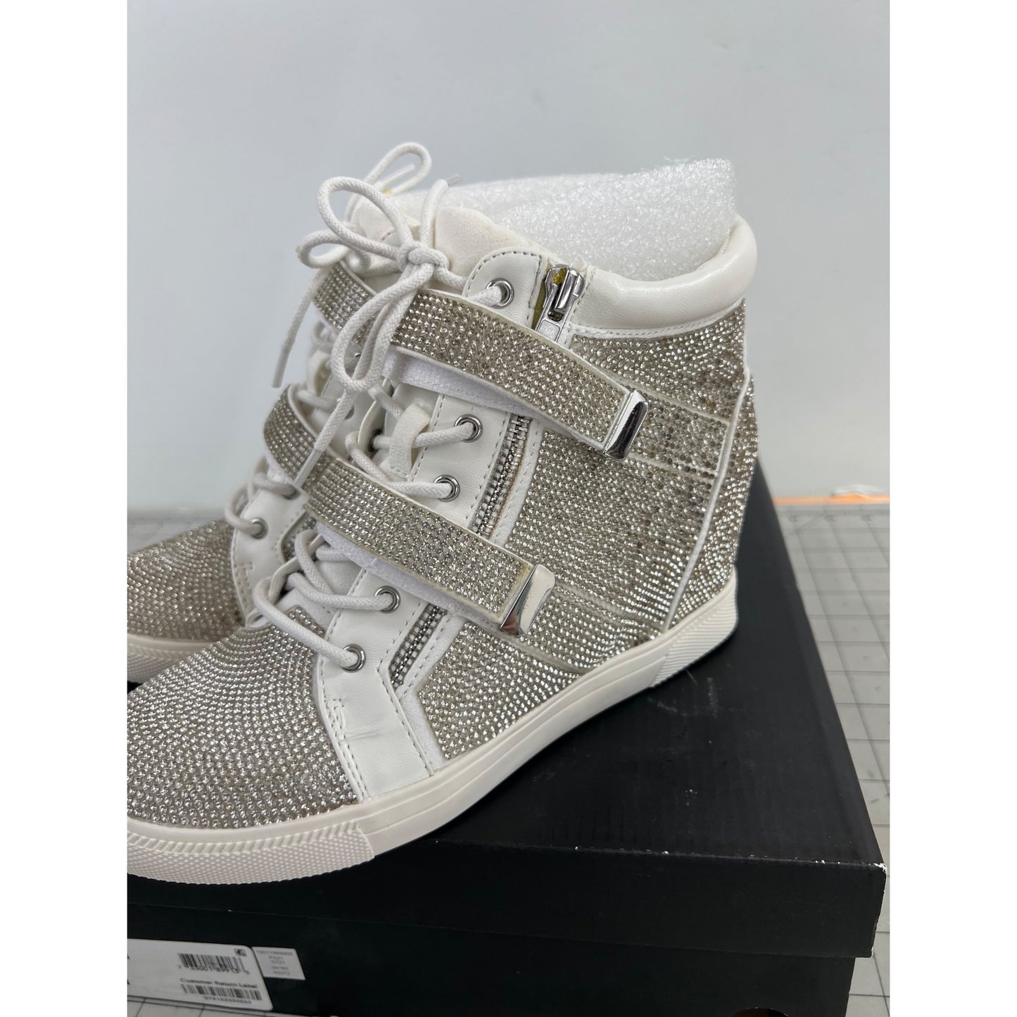 INC Women's Silver Bling High-Top Sneakers Rhinestones Side Zip Sz. 8 M