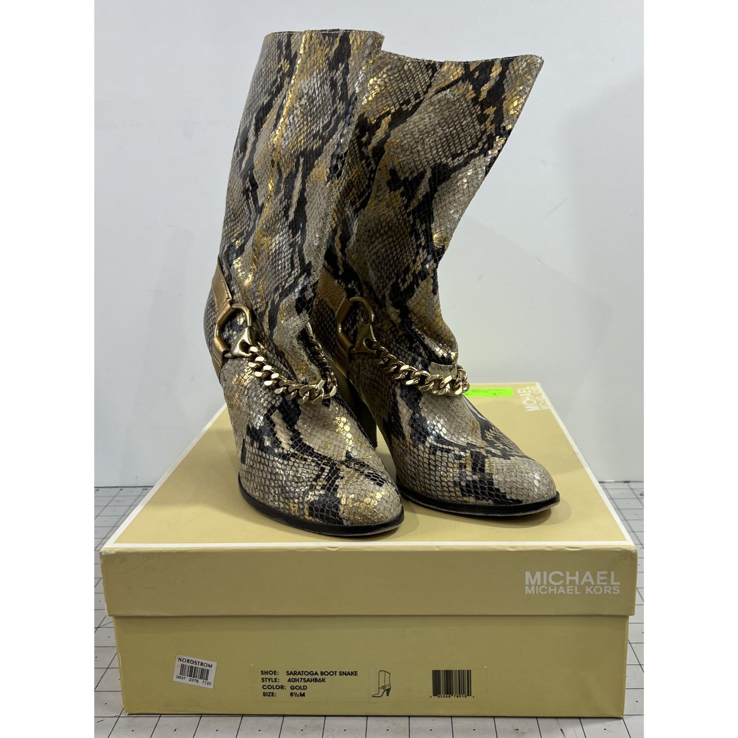 Michael Kors Gold Saratoga Boot Snake Skin Women's Sz. 8.5 Gold Chain Accent