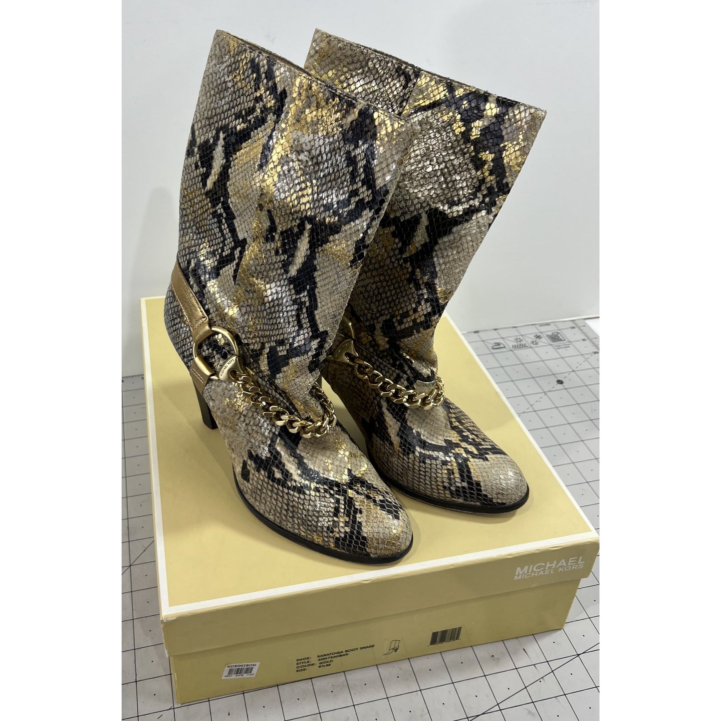 Michael Kors Gold Saratoga Boot Snake Skin Women's Sz. 8.5 Gold Chain Accent