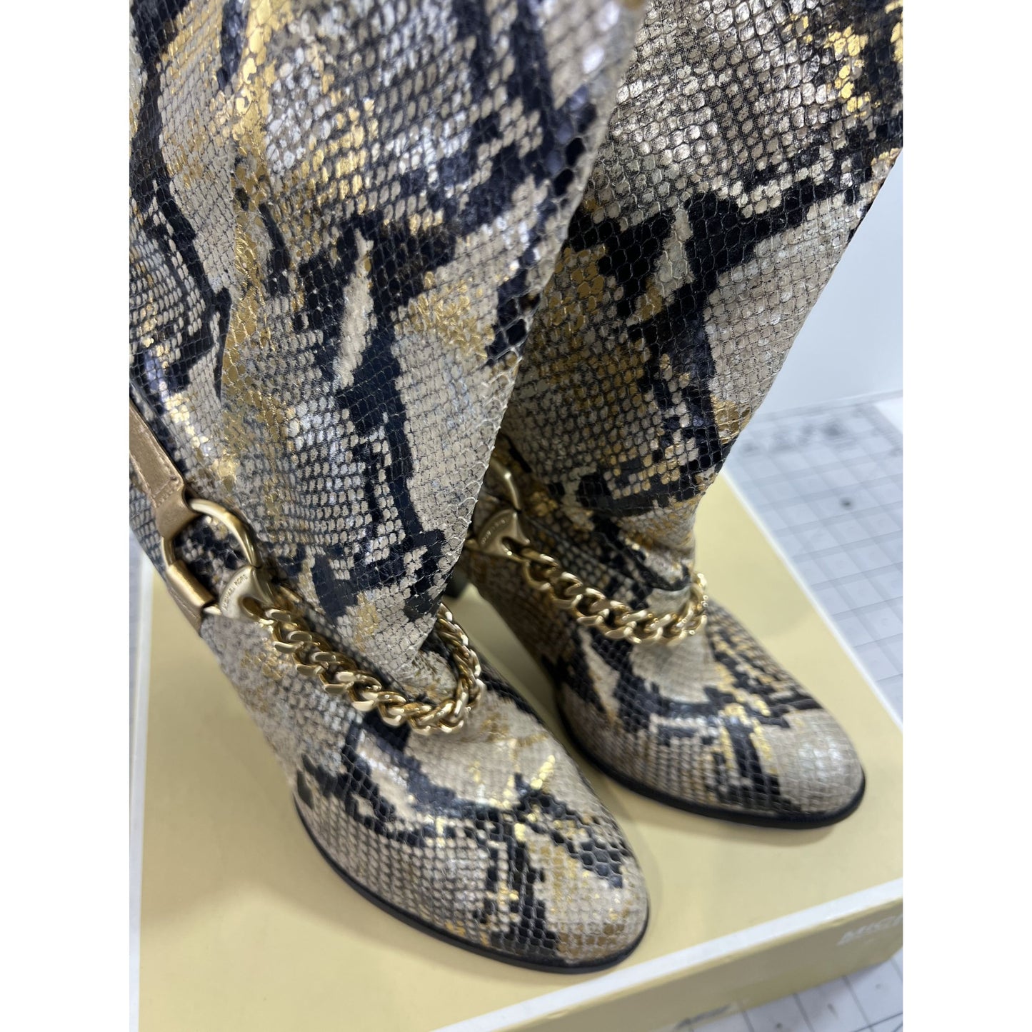 Michael Kors Gold Saratoga Boot Snake Skin Women's Sz. 8.5 Gold Chain Accent