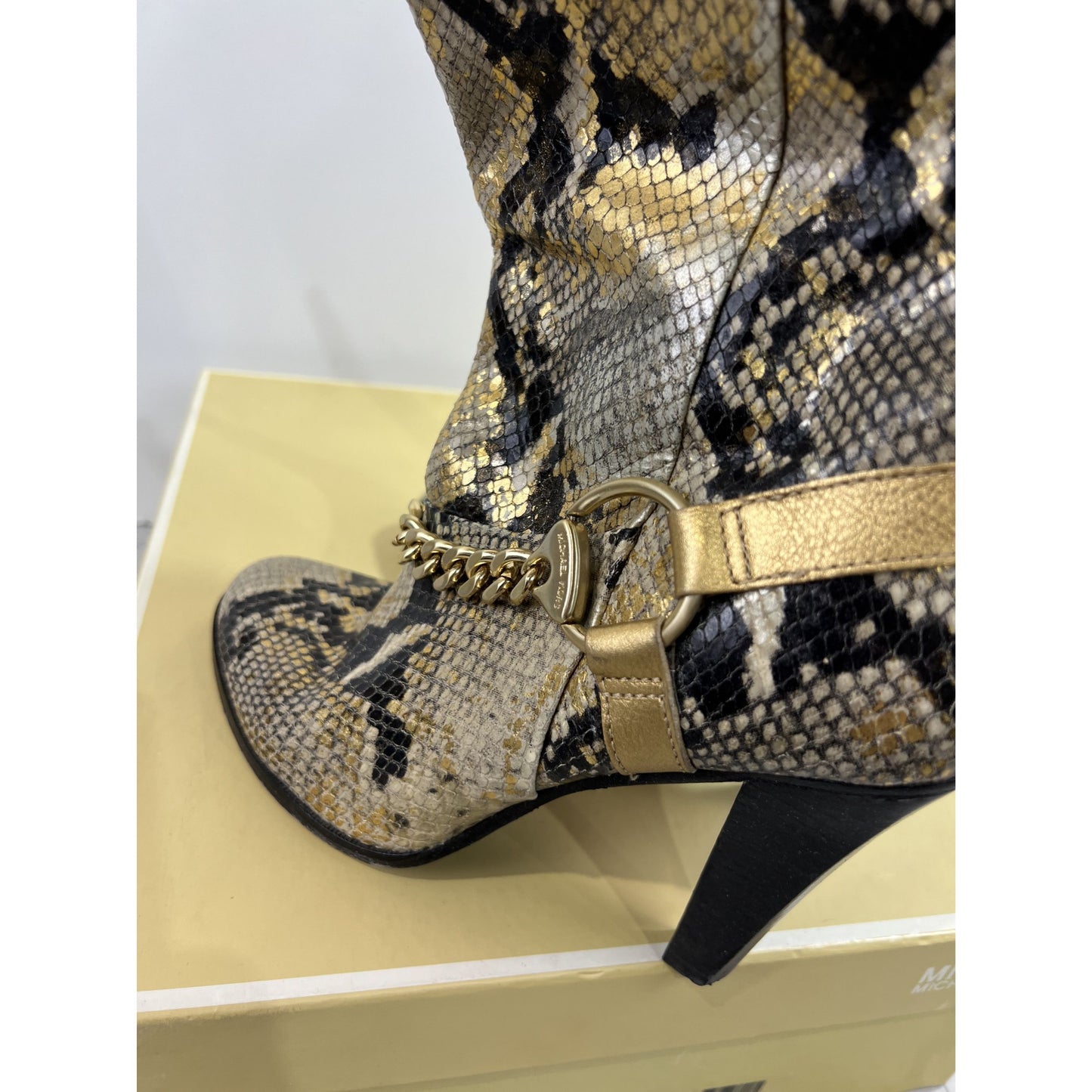 Michael Kors Gold Saratoga Boot Snake Skin Women's Sz. 8.5 Gold Chain Accent