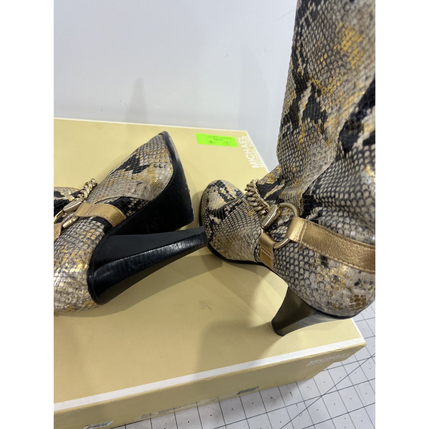 Michael Kors Gold Saratoga Boot Snake Skin Women's Sz. 8.5 Gold Chain Accent
