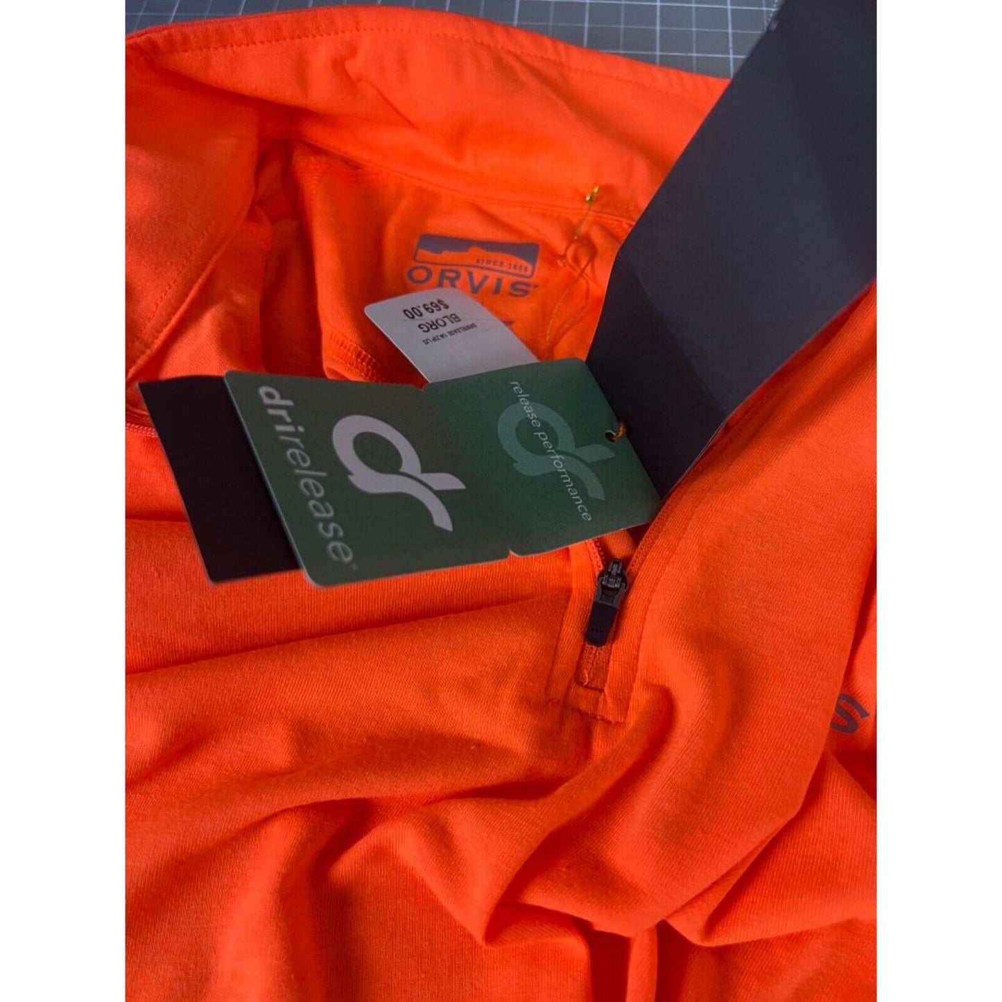 Orvis Mens Drirelease 1/4 Zip Long Sleeve Shirt Orange UV Protection Small