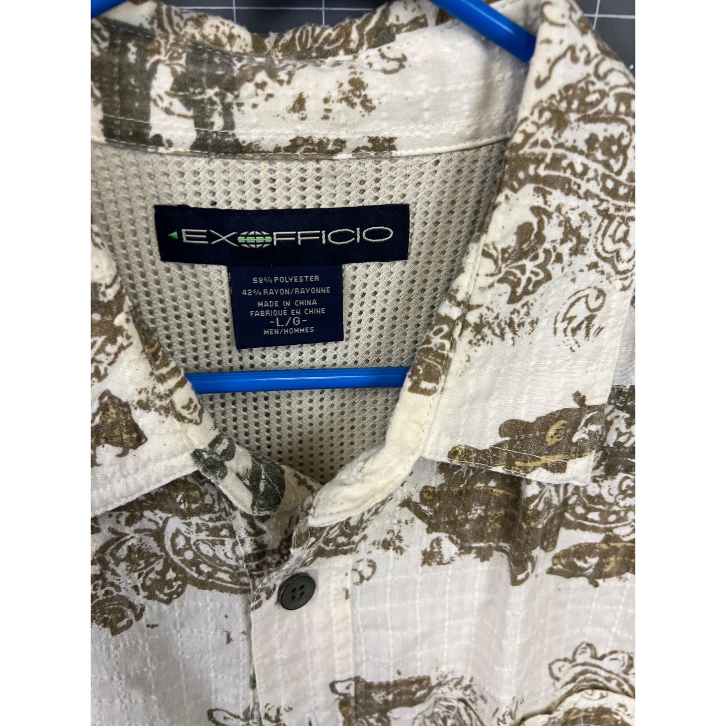 Mens ExOfficio Short Sleeve Shirt Paisley Fish Pattern Vented Lightweight Sz. L
