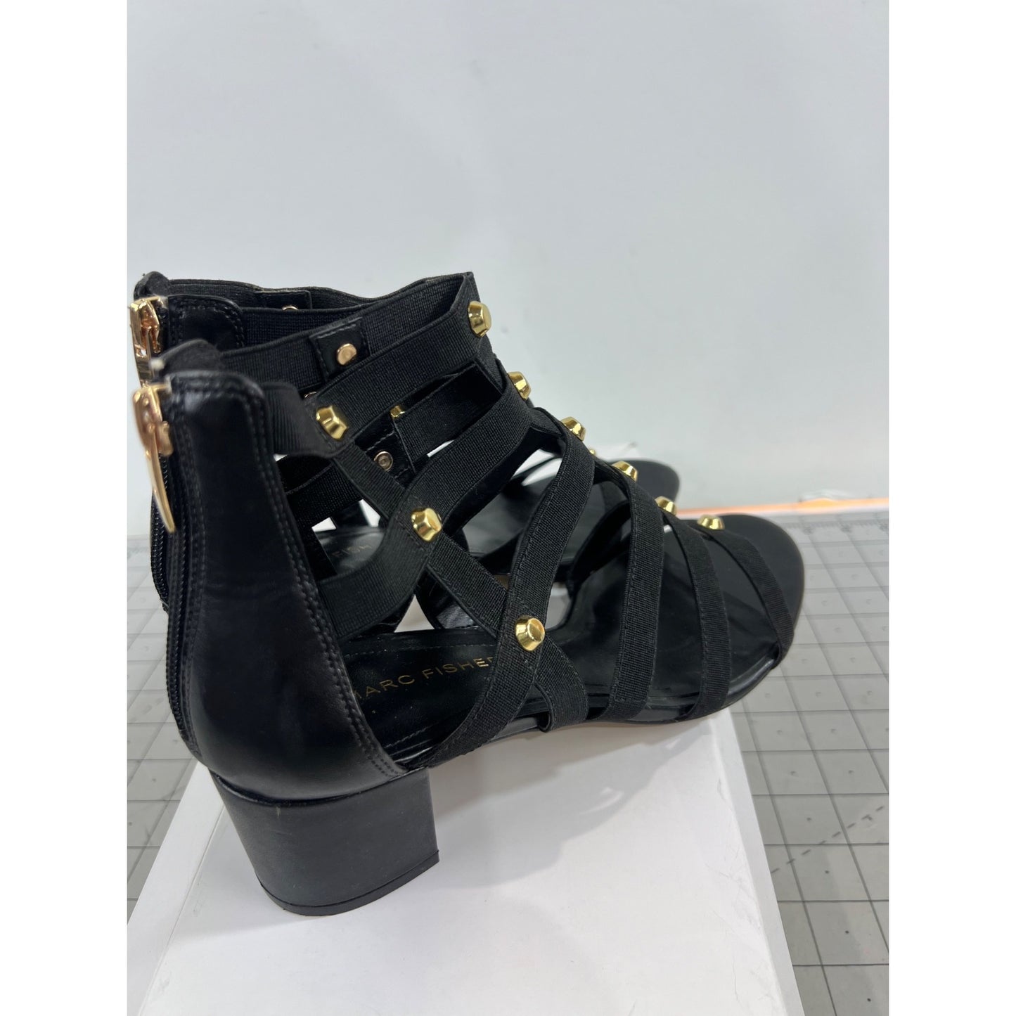 Marc Fisher Julee Women’s Sz. 7.5 Black Strappy Sandals Gold Accents