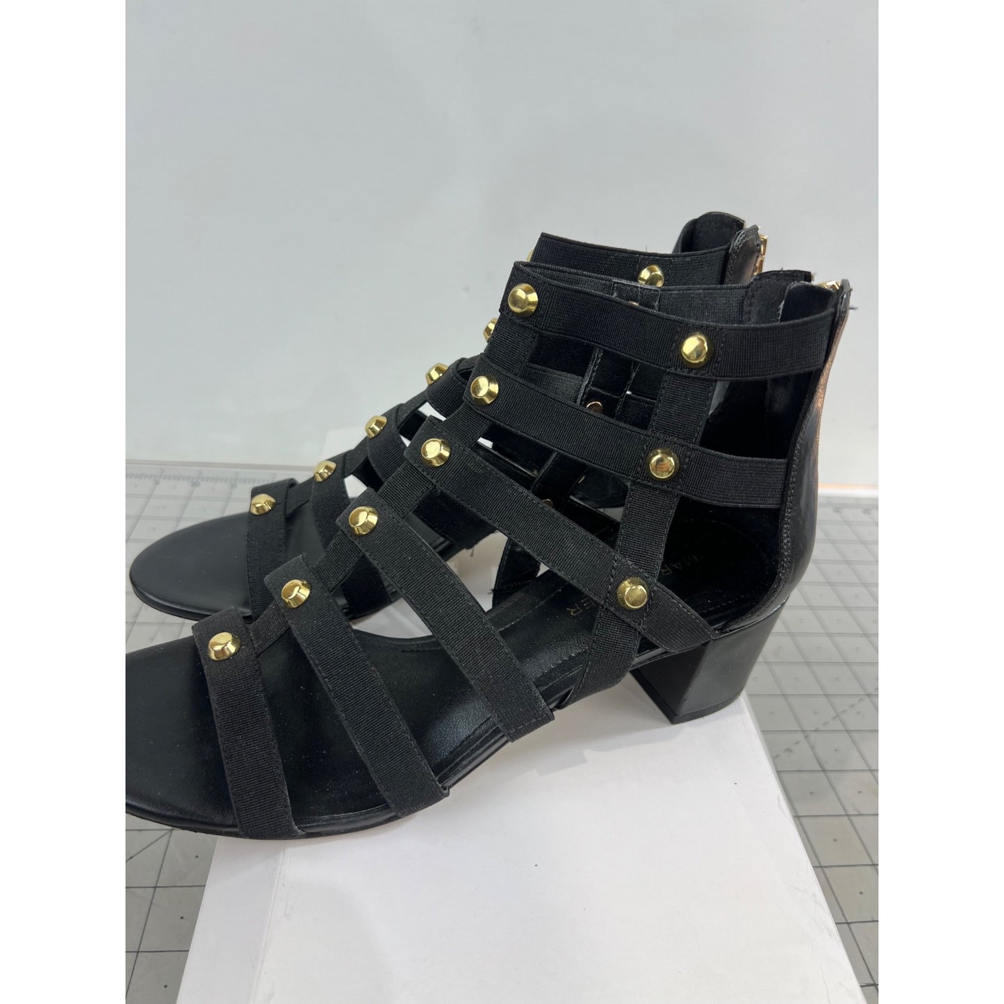 Marc Fisher Julee Women’s Sz. 7.5 Black Strappy Sandals Gold Accents