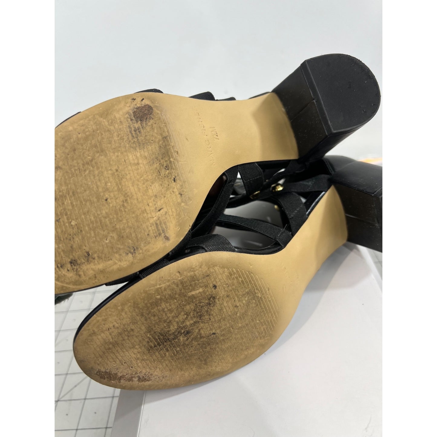 Marc Fisher Julee Women’s Sz. 7.5 Black Strappy Sandals Gold Accents