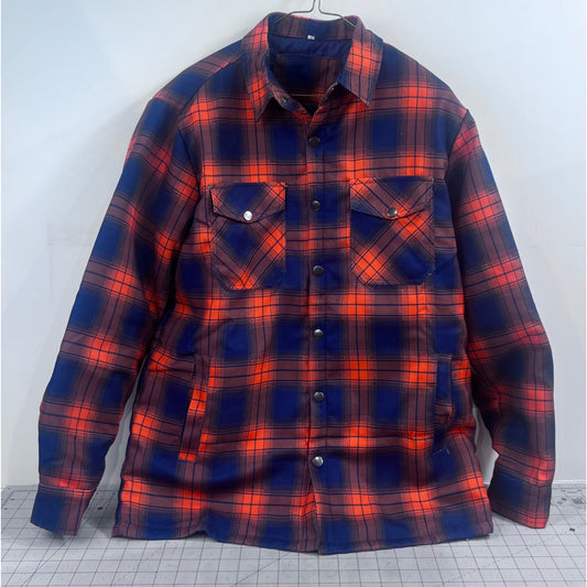 Men's Quilted Flannel Shirt Jacket Plaid Blue & Orange Sz. L Pearl Snap Shacket