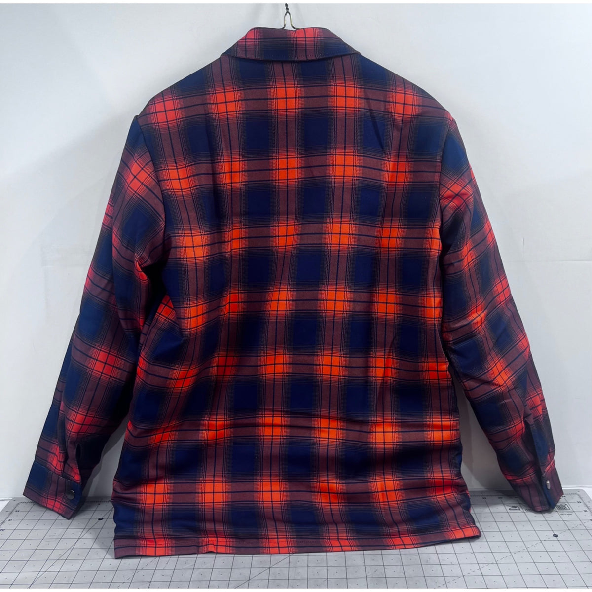 Men's Quilted Flannel Shirt Jacket Plaid Blue & Orange Sz. L Pearl Snap Shacket