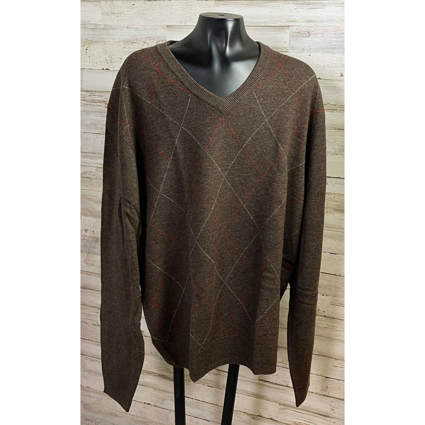Jos. A. Bank Men's Argyle V-Neck Sweater L Brown 80% Lambs Wool 20% Nylon
